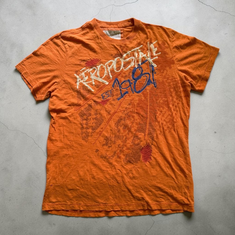 Aeropostale Mens Graphic T-Shirt Orange Est 1987 Distressed Crew Neck Large Y2K